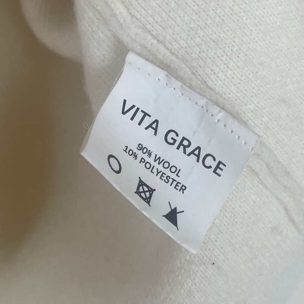 Vita Grace Wool Blend Asymmetric Button Cardigan Cream Puff Shoulder V-Neck - Picture 5 of 7